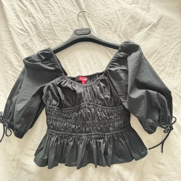 STAUD Black XS Smocked Puff Sleeve Blouse - Picture 1 of 2